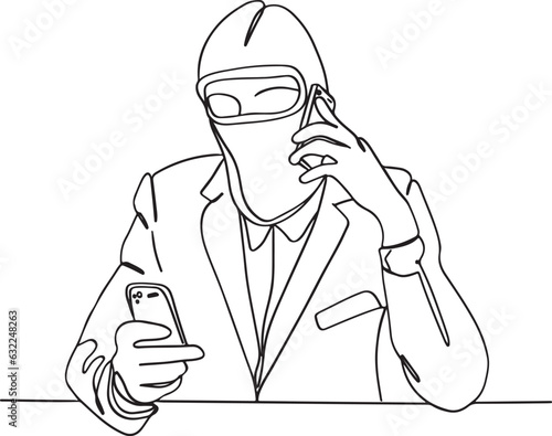 Cartoon Drawing of a Masked Phone Scammer with Mobile and OTP, Illustration of a Hacker Wearing Mask and Using OTP for Fraud