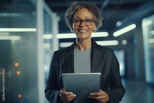 A middle-aged African-American woman with glasses stands in the center of a modern office. A specialist female programmer with a tablet in her hand stands and smiles at the camera. Generated Ai