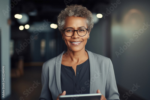 A middle-aged African-American woman with glasses stands in the center of a modern office. A specialist female programmer with a tablet in her hand stands and smiles at the camera. Generated Ai