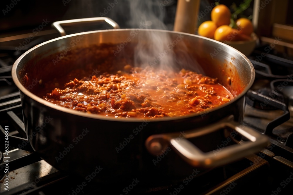 close-up of boiling bolognese sauce in a pot on a stove