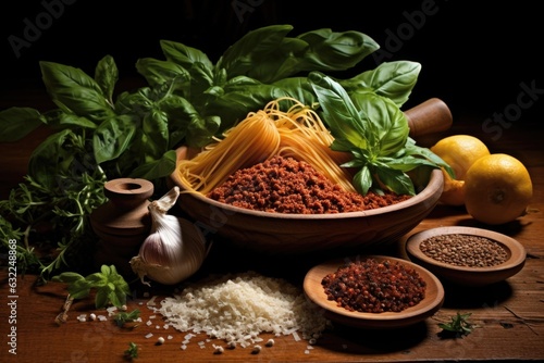variety of italian herbs and spices used in bolognese sauce