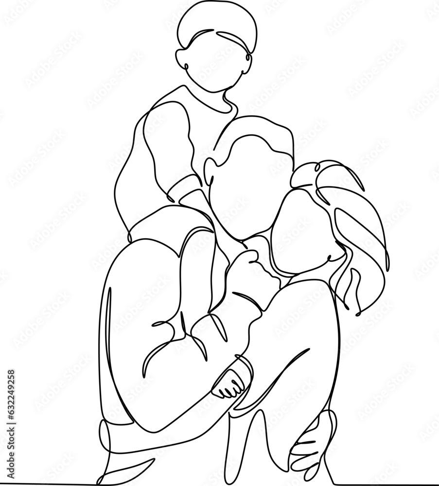 Continuous one line drawing. Happy family father and mother with children Continuous one line drawing. Happy family father and mother with children