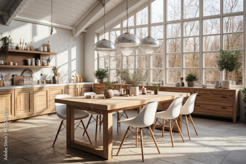 Rustic Scandinavian style dining room, wooden table and chairs by the windows. Generative AI