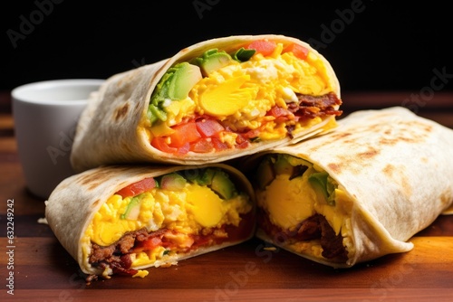 assembling breakfast burrito with scrambled eggs