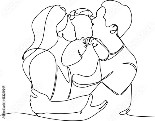 Continuous one line drawing. Happy family father and mother with children