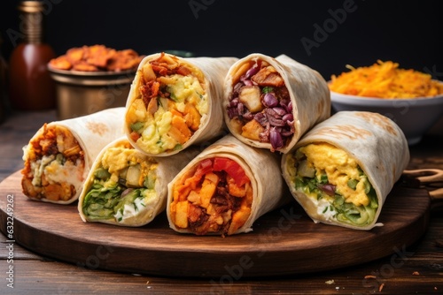 variety of breakfast burritos with different fillings