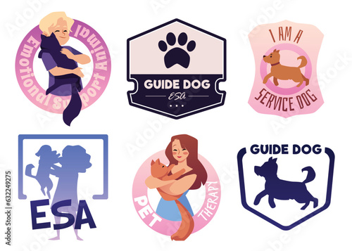 Set of badges or stickers about emotional support animal flat style