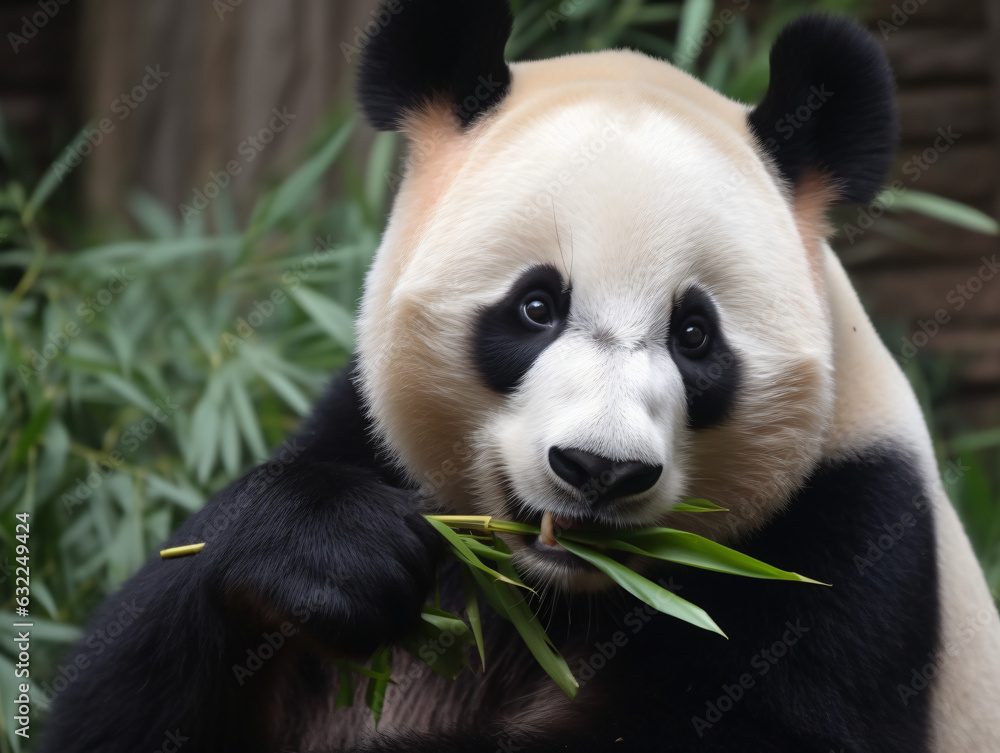 Naklejka premium A cuddly panda munching on bamboo