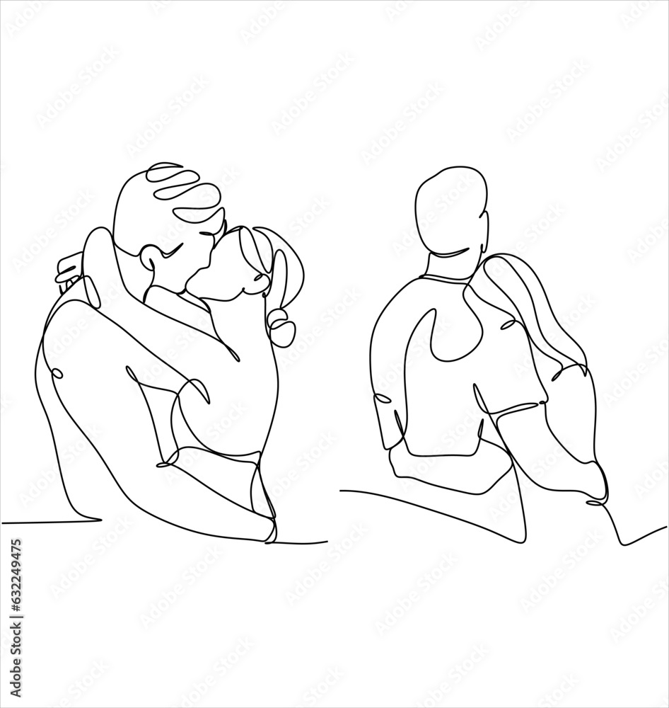 Fototapeta premium Portrait of happy couple in continuous line art drawing style. Man in love put his arms around girlfriend. Love and friendship black linear sketch isolated on white background. Vector illustration