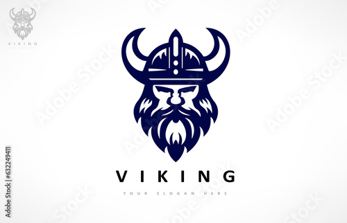 Viking and anchor logo. Scandinavian sailors symbol. Nordic warrior design. Horned Norseman symbol. Barbarian man head icon with horn helmet and beard.