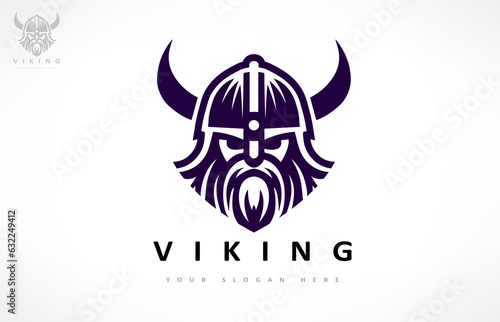 Viking and anchor logo. Scandinavian sailors symbol. Nordic warrior design. Horned Norseman symbol. Barbarian man head icon with horn helmet and beard.