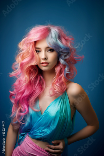 Young pretty woman with lond dyed hair in pink and blue colours. Authentic teen girl posing in studio. Generative ai. photo