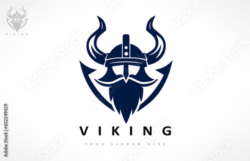 Viking and anchor logo. Scandinavian sailors symbol. Nordic warrior design. Horned Norseman symbol. Barbarian man head icon with horn helmet and beard.