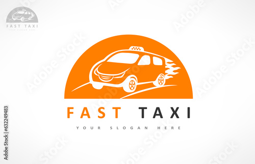 Fast Taxi logo. Machine at high speed with a plume of fire vector.