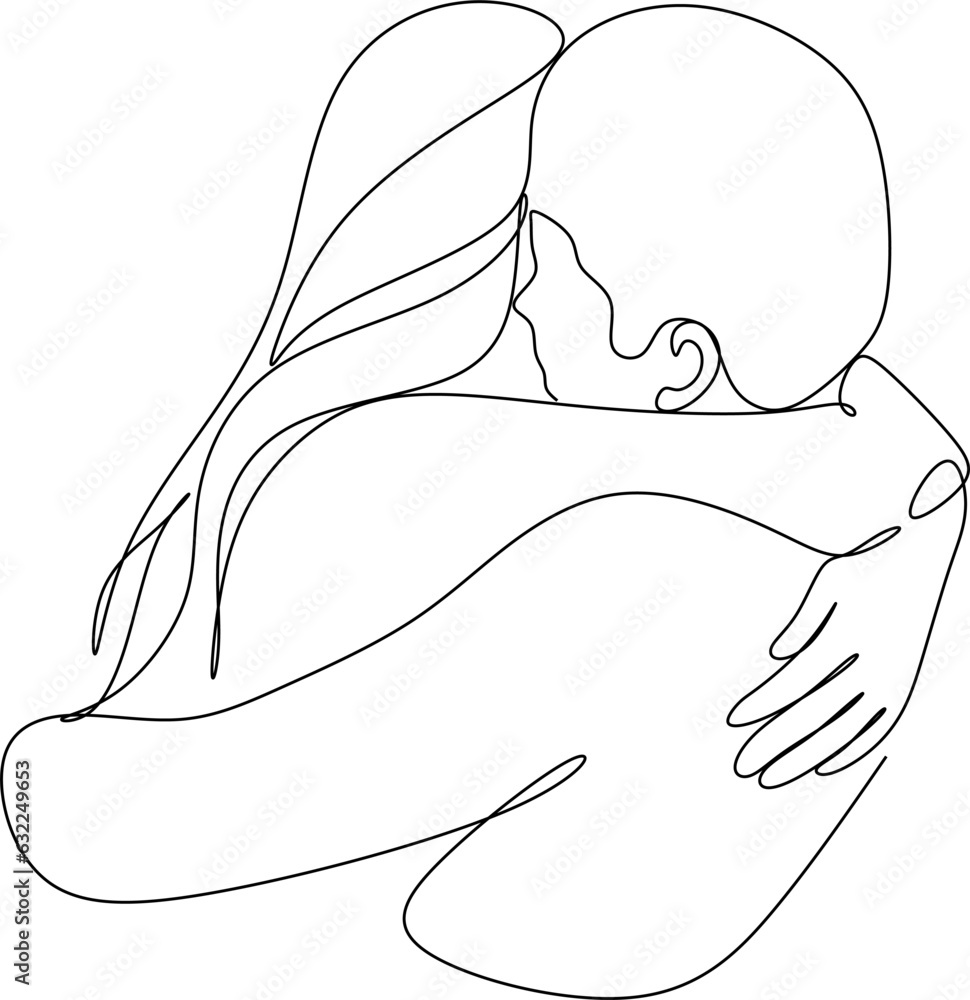 Obraz premium Portrait of happy couple in continuous line art drawing style. Man in love put his arms around girlfriend. Love and friendship black linear sketch isolated on white background. Vector illustration