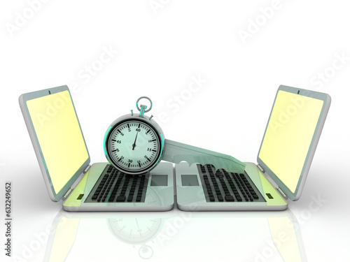 3d illustration stopwatch with laptop