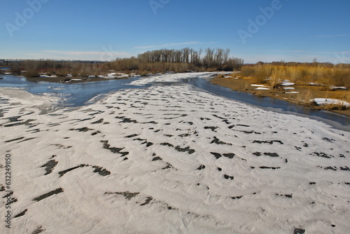 Russia  South of Western Siberia. Spring view of the last ice on the small flat rivers of Kuzbass.