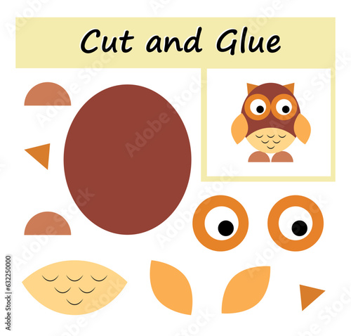 Educational paper game for kids. Cut parts of the image and glue on the paper. DIY worksheet. Cartoon owl.
