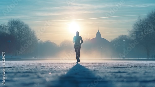 Athlete exercising on frozen track in winter city morning motivation