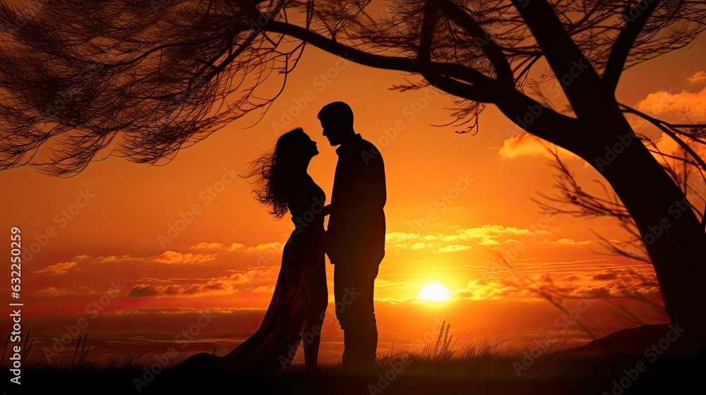 Silhouettes of a man and woman in a nature sunset representing love