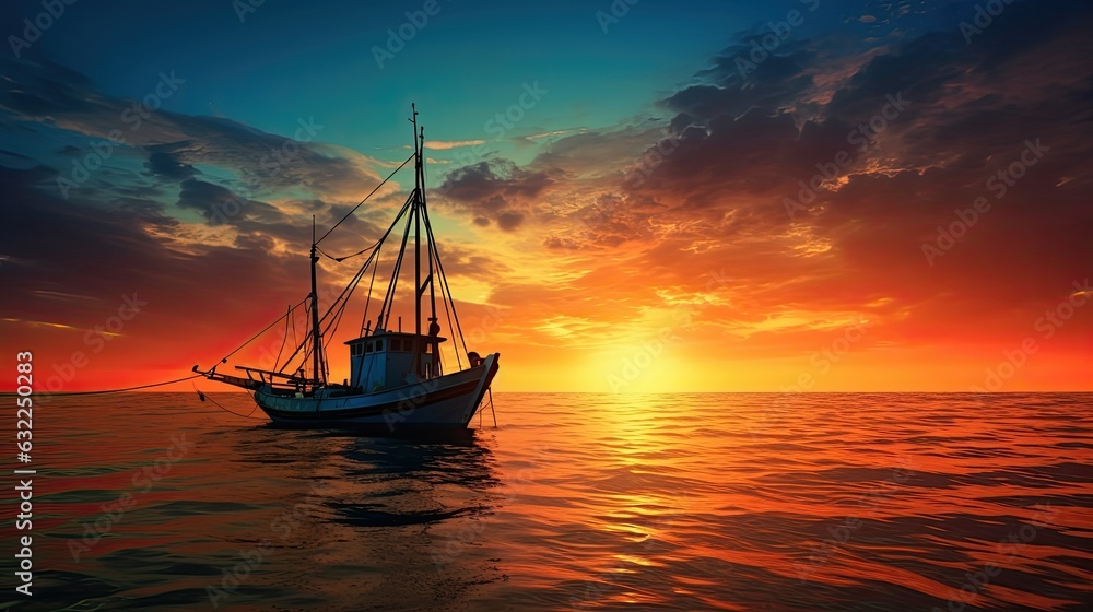 Scenic moment small fishing ship at sunset sailing amidst clouds