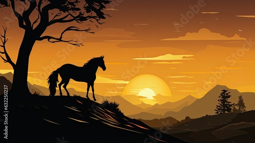 Horse shape on a hill with sunrise and golden sky