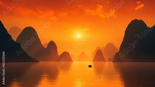 Blurred river and karst formation mountains with bright orange sky at sunset in Xingping China typical of Yangshuo s terrain © HN Works