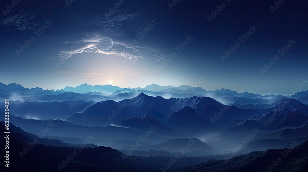 Moonlit mountains with misty silhouettes
