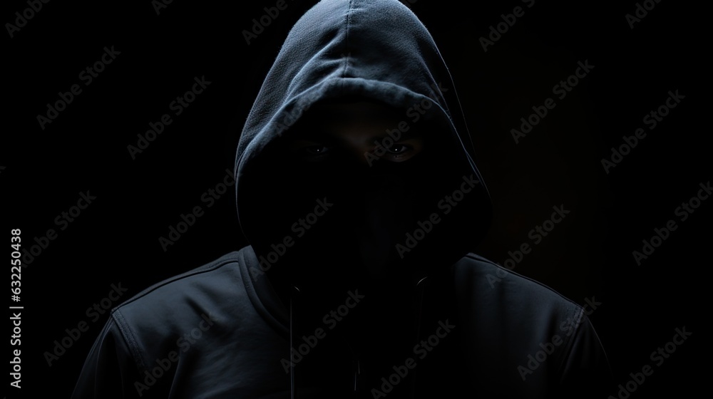 Silent figure in hood on dark backdrop concealed face symbolizing criminality mystery secrecy and anonymity Silent figure in hood on dark backdrop concealed face symbolizing criminality mystery secrecy and anonymity