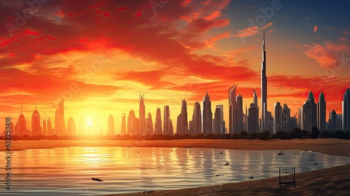 In the United Arab Emirates the captivating city of Dubai showcases a remarkable city center skyline and renowned Jumeirah beach during sunset © HN Works