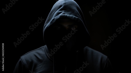 Silent figure in hood on dark backdrop concealed face symbolizing criminality mystery secrecy and anonymity