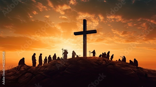 Obraz na plátně Crosses on hill at sunset symbolizing Jesus crucifixion