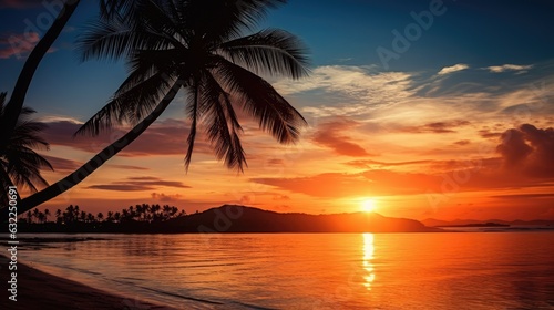 Vibrant tropical island sunset with a golden reflection on the ocean palm trees silhouette and colorful sky Perfect for a summer getaway © HN Works