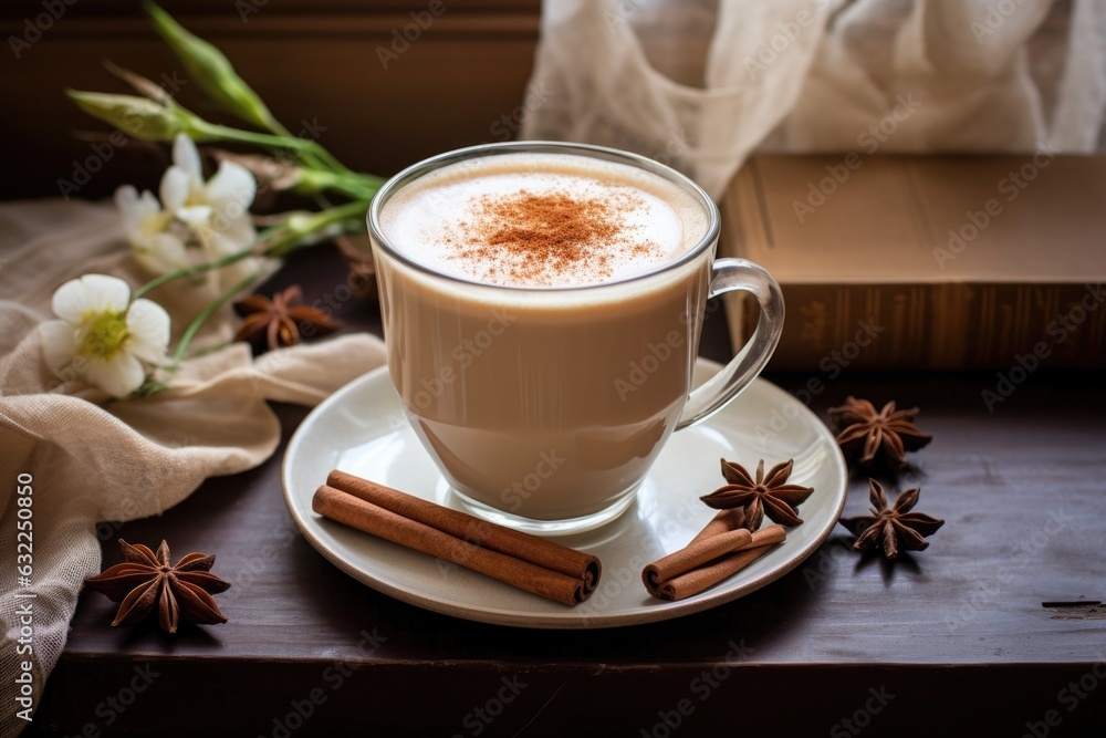 steaming chai latte in a cozy mug, book in background steaming chai latte in a cozy mug, book in background
