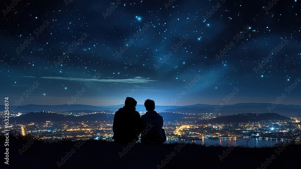 Two men embrace on a hill gazing at the starry city sky