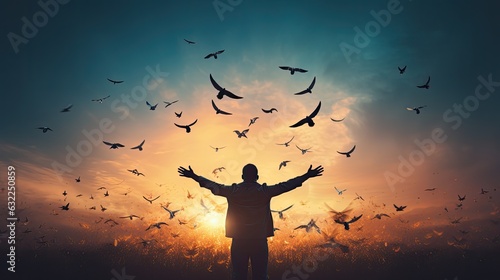Man experiences freedom and adventure while raising hands against sunset sky with bird fly background Vintage filter adds color and style