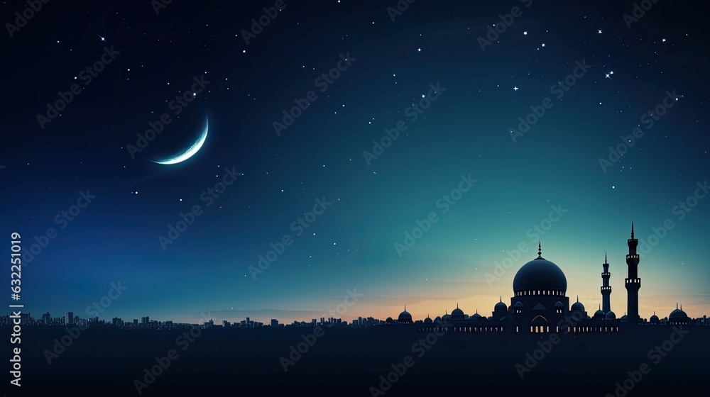Twilight sky with Mosques Dome and Crescent Moon representing Islamic beliefs and various occasions