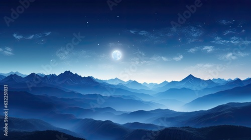 Moonlit mountains with misty silhouettes