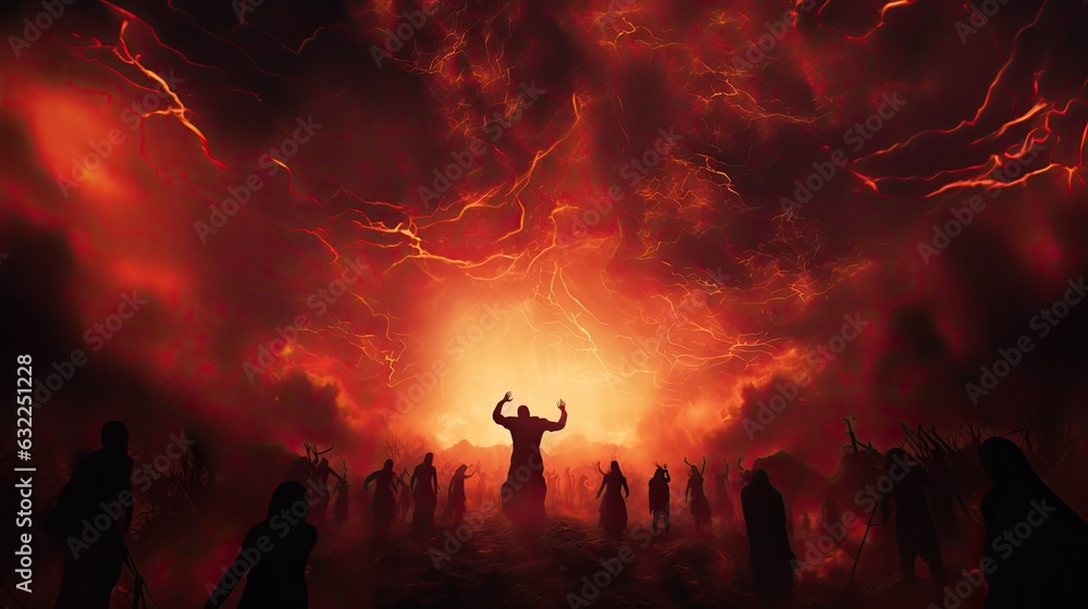Religiously intense scene fiery sky final judgment eternal damnation fearful figures - obrazy, fototapety, plakaty 