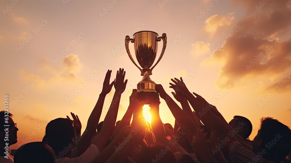 Victorious team triumphs under sunset with trophy and numerous silhouetted hands