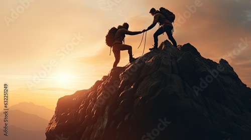 Assisting climbers on rocky mountain at sunset during a perilous situation