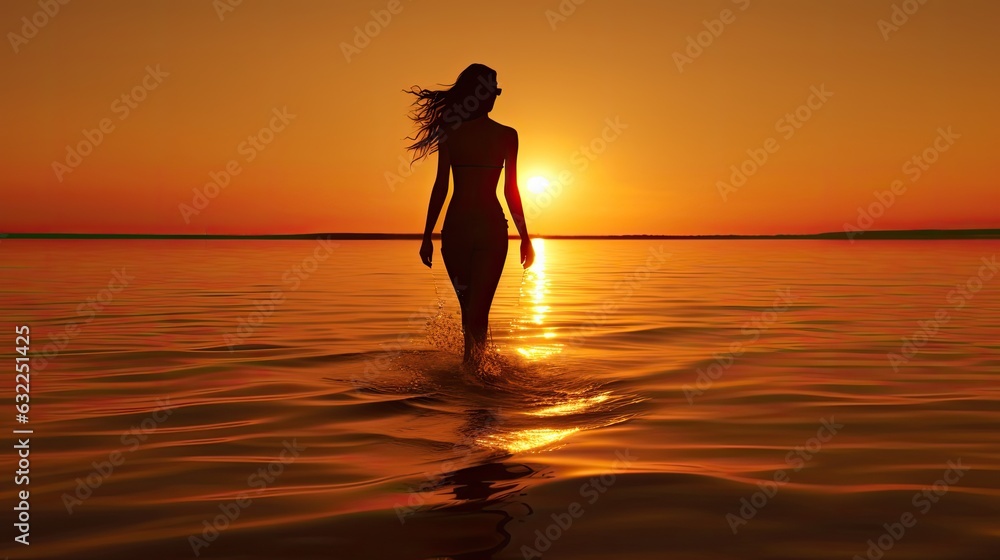 One woman walking on the beach at sunset One woman walking on the beach at sunset