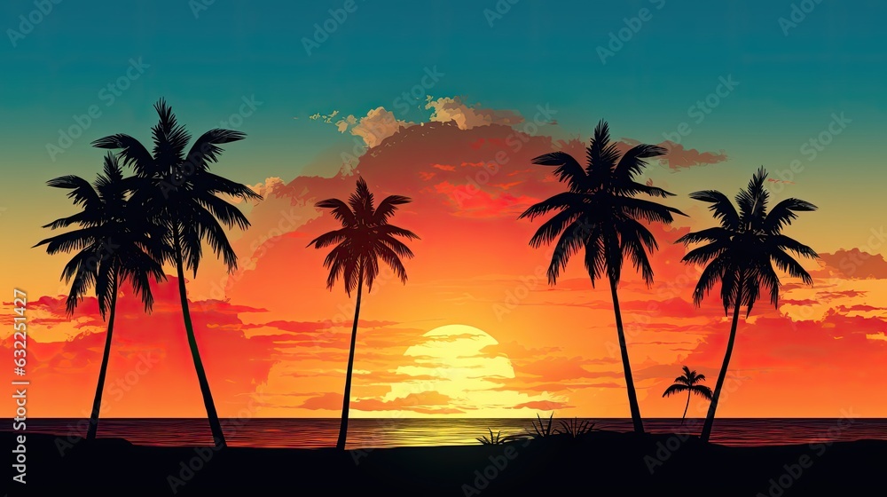 Palm trees silhouetted at sunset in the tropics