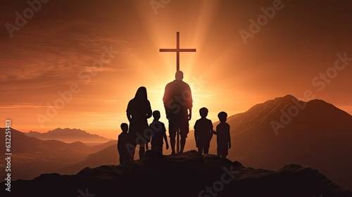 Christian family holding cross praying on mountain at sunset Easter Sunday concept