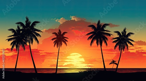 Palm trees silhouetted at sunset in the tropics © HN Works