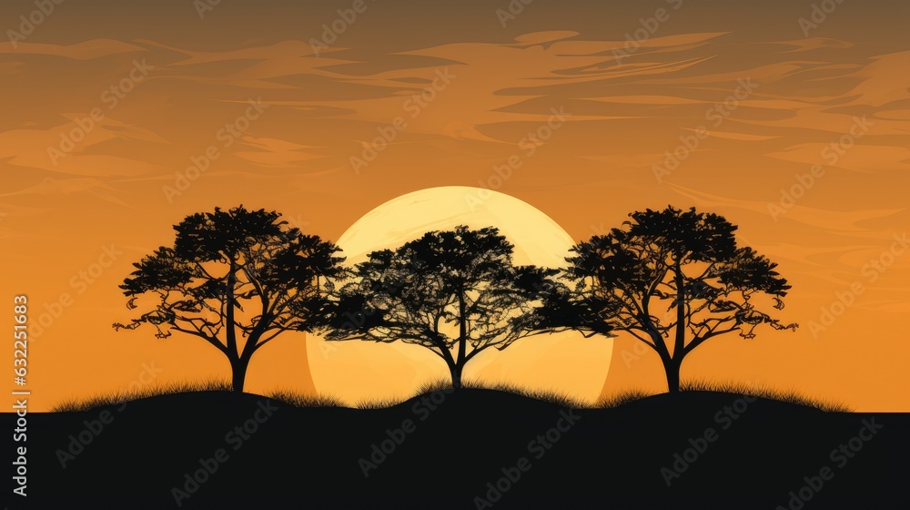 Three trees on the horizon as the sun vanishes