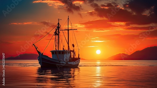 Scenic moment small fishing ship at sunset sailing amidst clouds