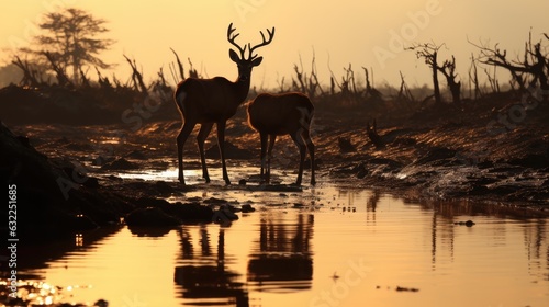 2 adult deer enjoying the sun and mud in the daytime at Ranca Upas field in Bandung Indonesia