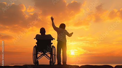 Young man in a wheelchair raised hands with caregiver at sunset