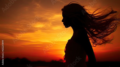 Girl s silhouette stands out against the sunset